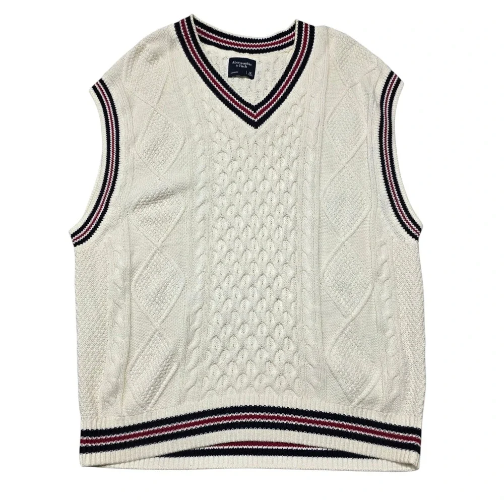 Abercrombie & Fitch Sweater Vest Ivory Cable Knit Oversized V Neck Womens M - Picture 6 of 6